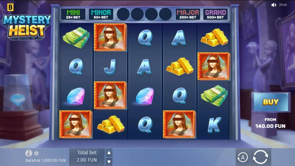 Tampilan layar permainan slot Mystery Heist dengan tema perampokan