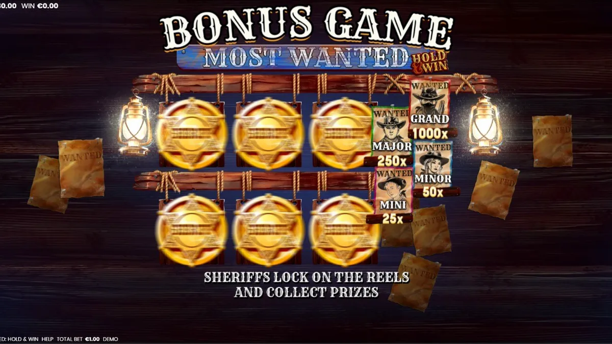 Pemandangan atmosferik dari permainan slot Most Wanted: Hold & Win dengan latar belakang padang gurun Wild West.