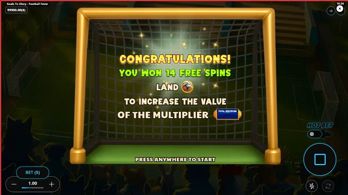 Karakter hewan lucu bermain sepak bola dalam slot Goals to Glory Football Fever